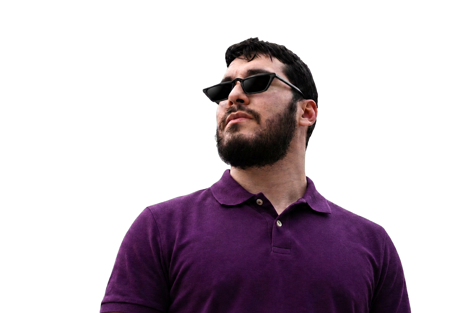 Rodrigo Cazuza wearing sunglasses and a purple shirt