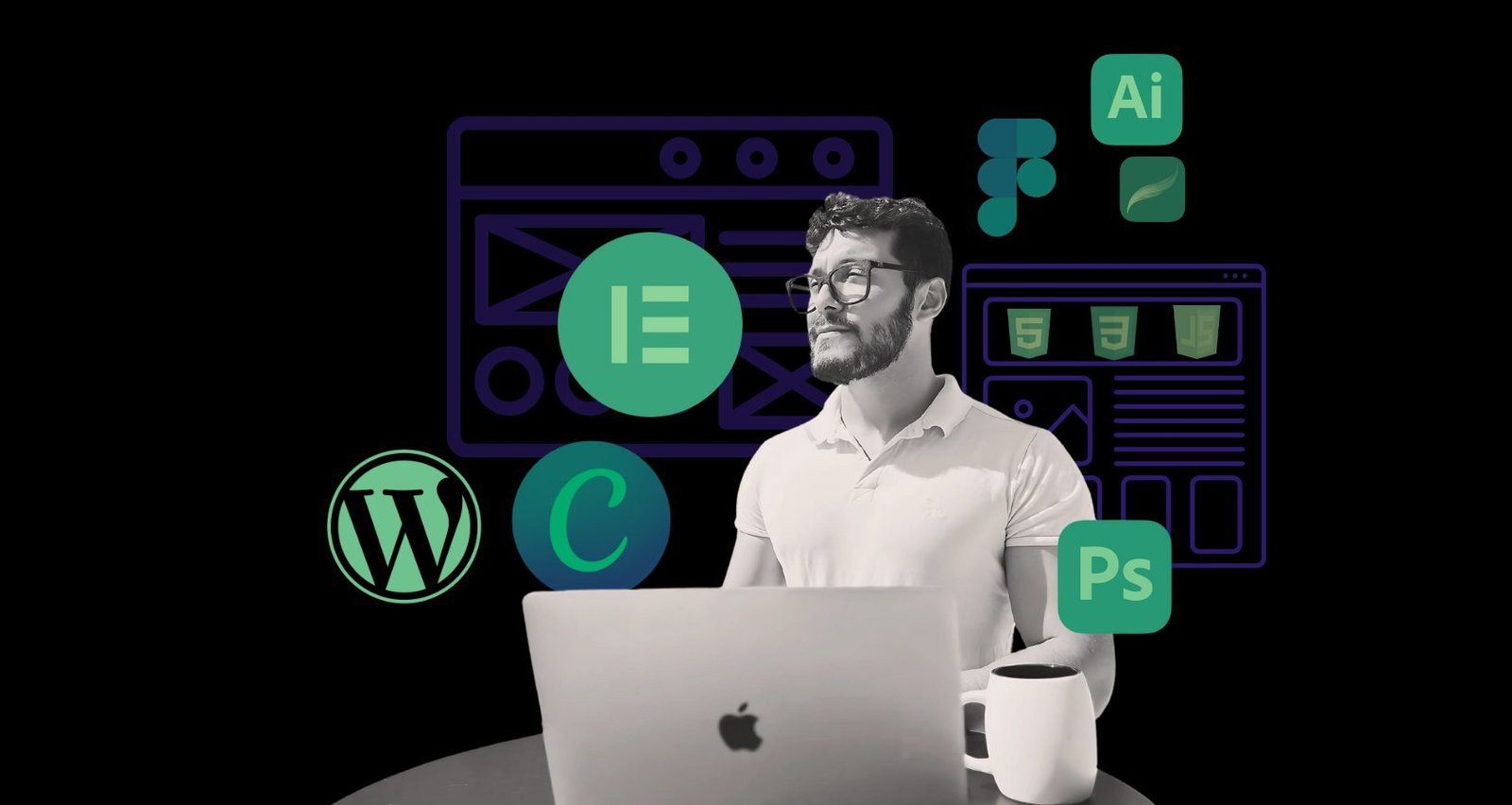 Rodrigo Cazuza designing at his laptop, surrounded by creative and web design tools